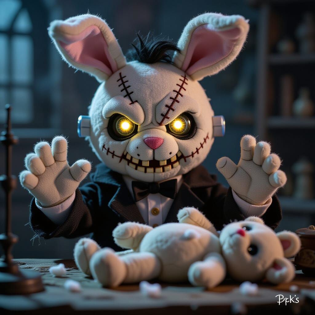 Plush Bunny Scientist in Gothic Lab