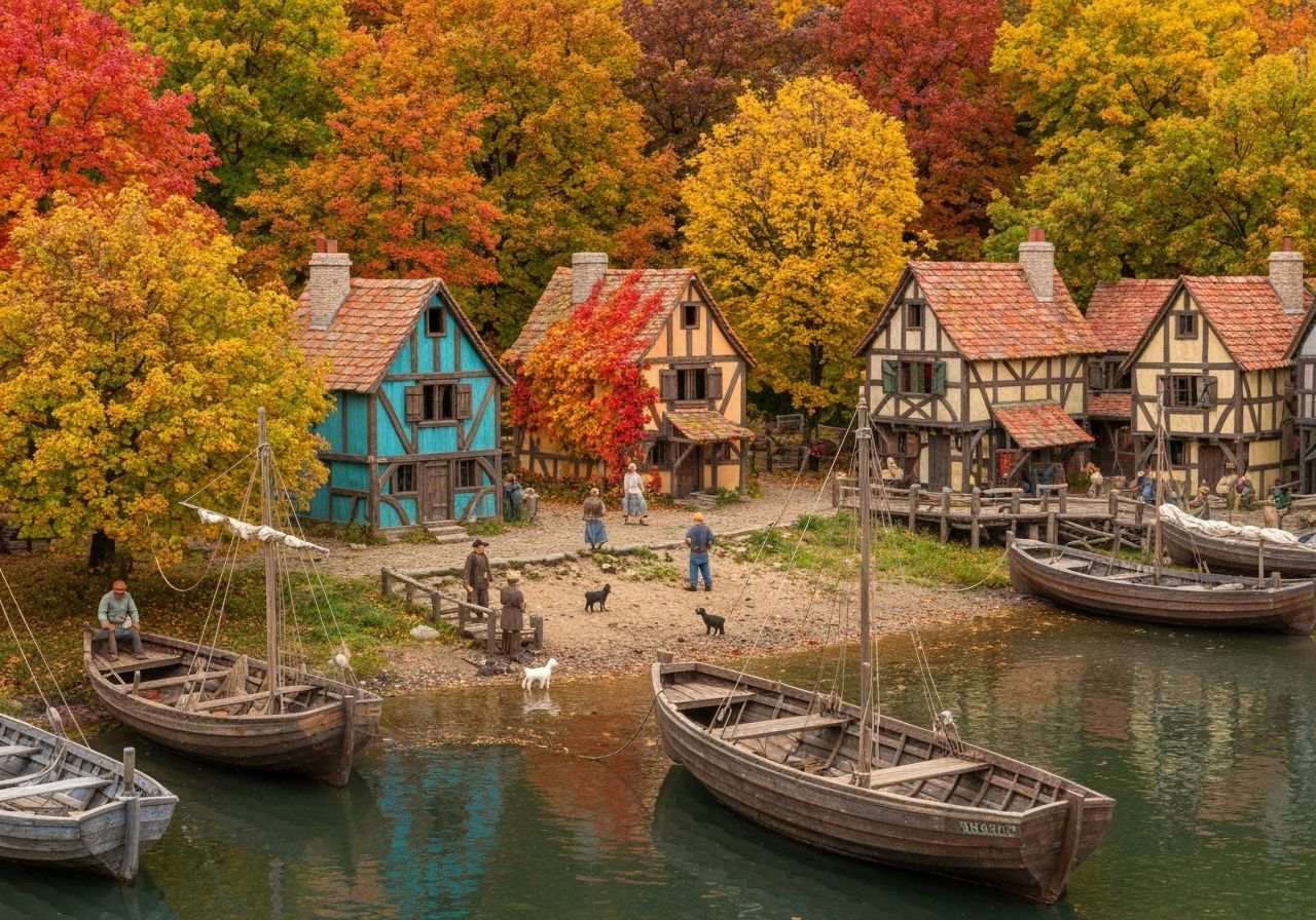 Miniature Colorful Medieval Harbor in Autumn