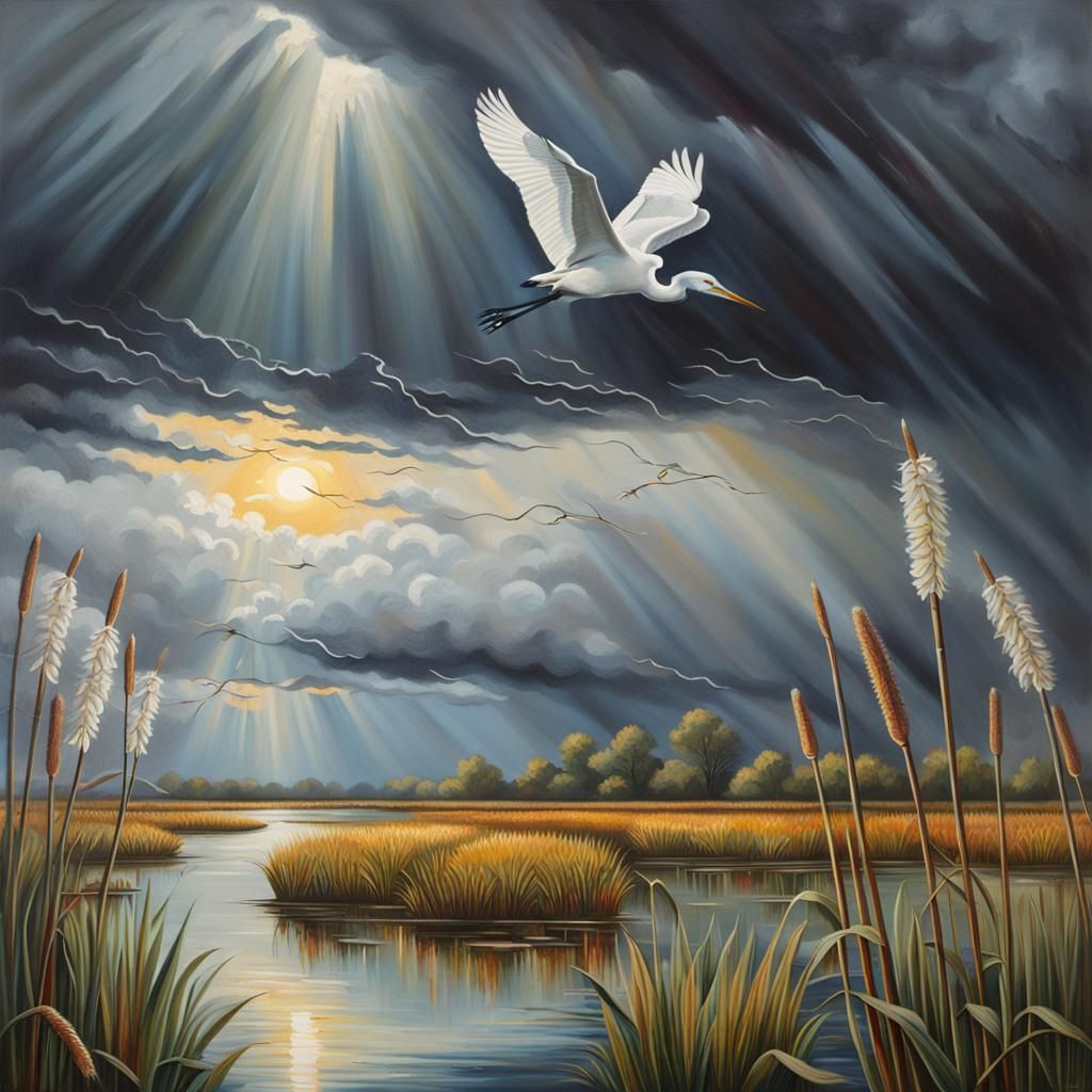 Heron in Marsh at Sunset: Detailed Oil Painting