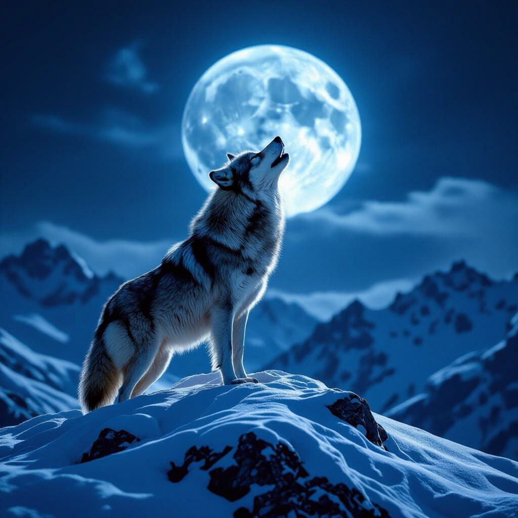 Lone Wolf Howling on Snowy Mountaintop Under Spectral Moonli...
