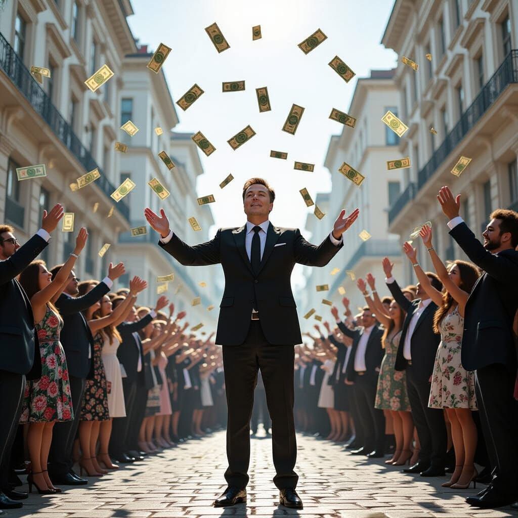 Elon Musk Throws Money in Surreal City Square