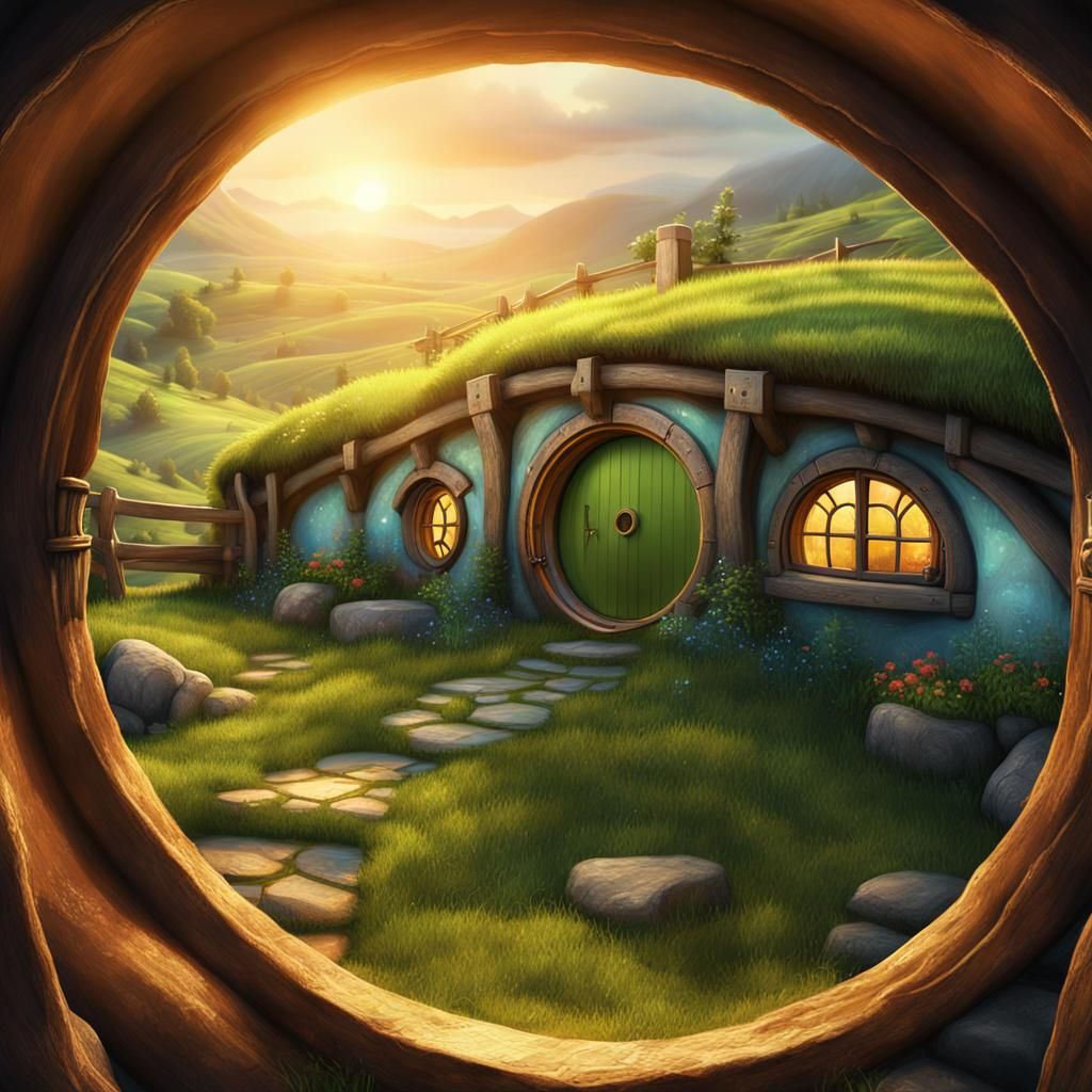 Cozy Hobbit Hole in Rolling Hills, Oil Painting
