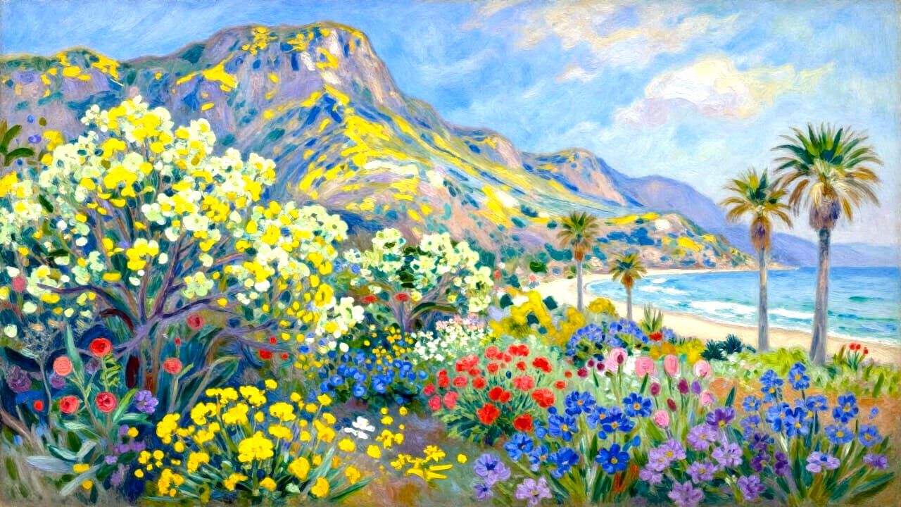 Vibrant Floral Mountains Meet a Tropical Shoreline