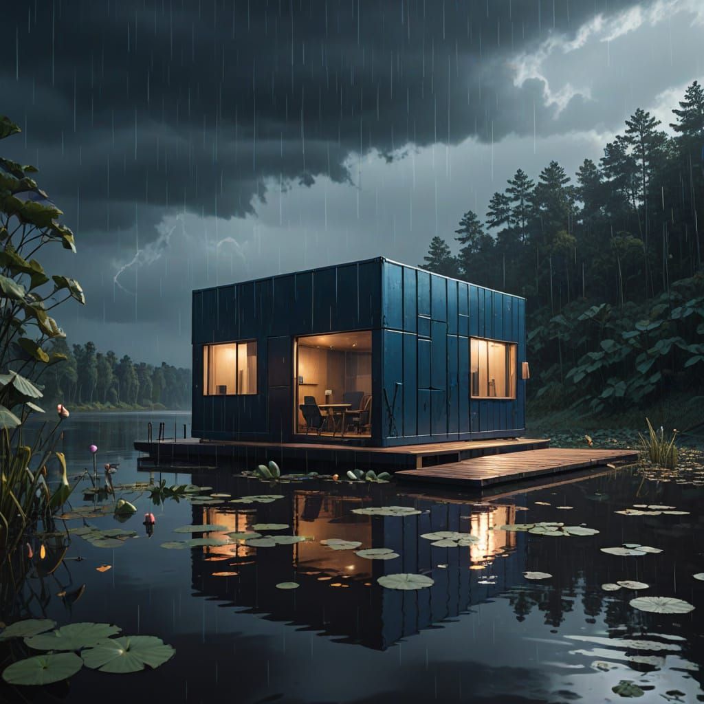 Sleek Futuristic Cabin Shines Amidst Moody Rainy Lake Scene