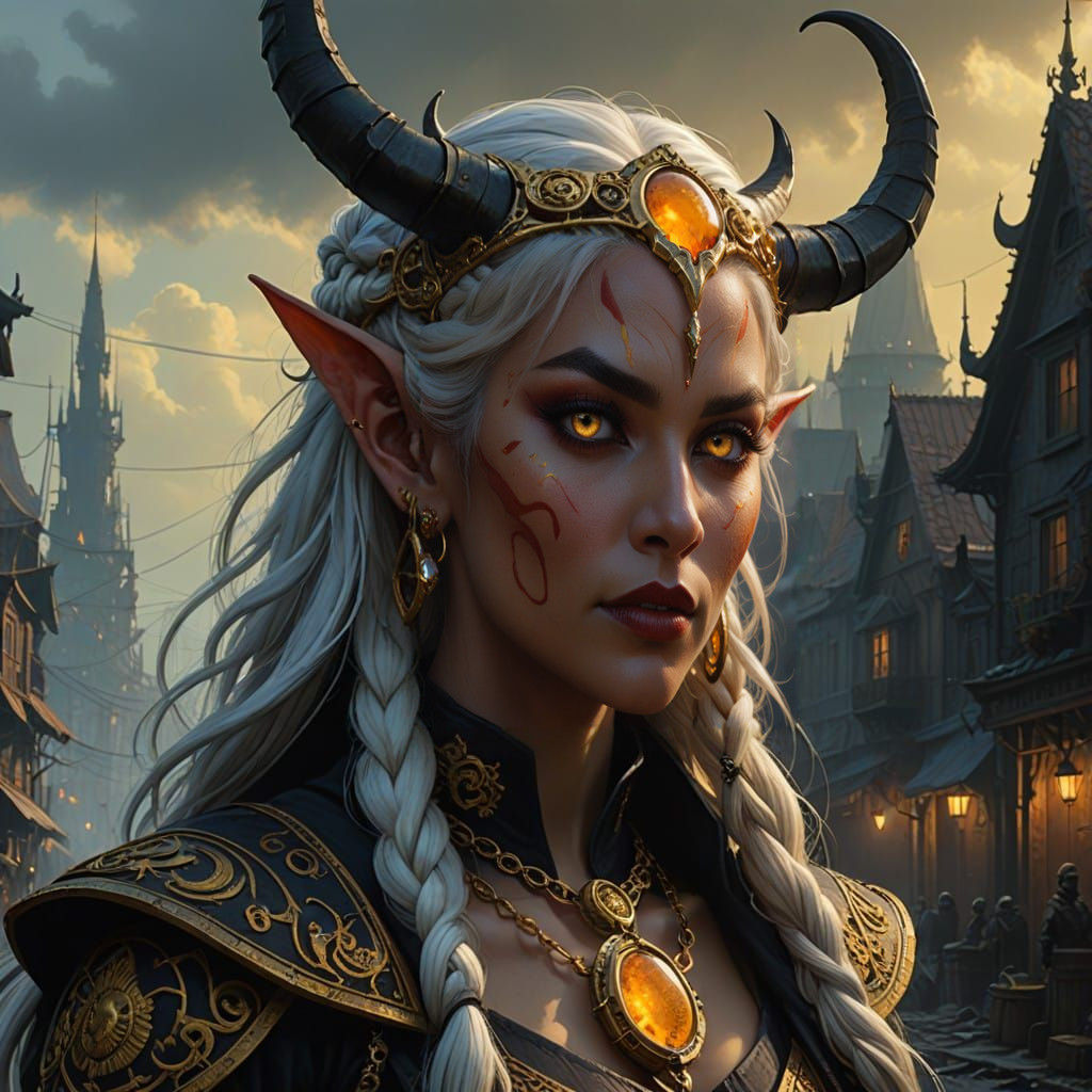 Majestic Tiefling Warlock in Dark Fantasy Attire