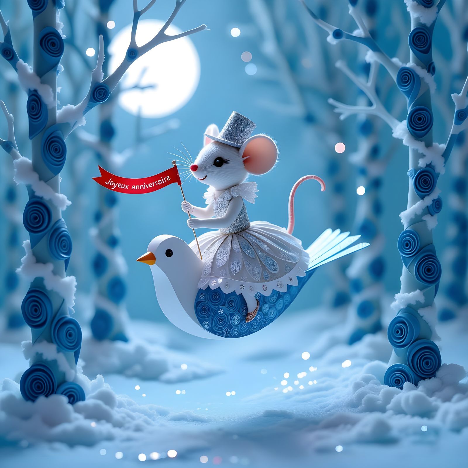 3D Quilling Mouse Flies on Paper Bird Through Winter Forest