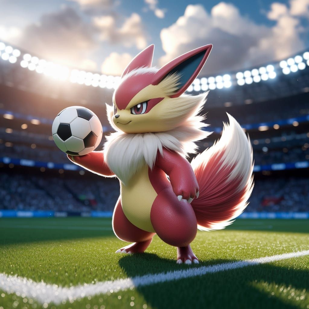 Cinderace Pokémon on Soccer Field, Natural Fur Texture