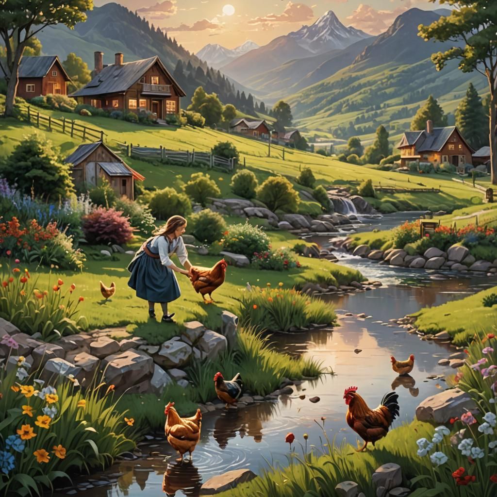 Cute Girls Play in Hyperrealistic Cottage Garden