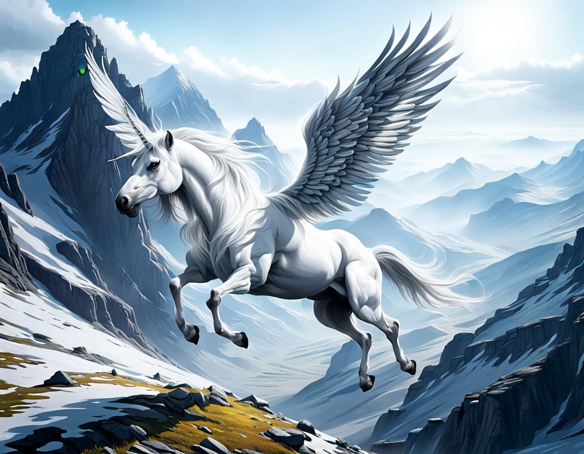 Majestic Alicorn Flight Over Barren Mountains