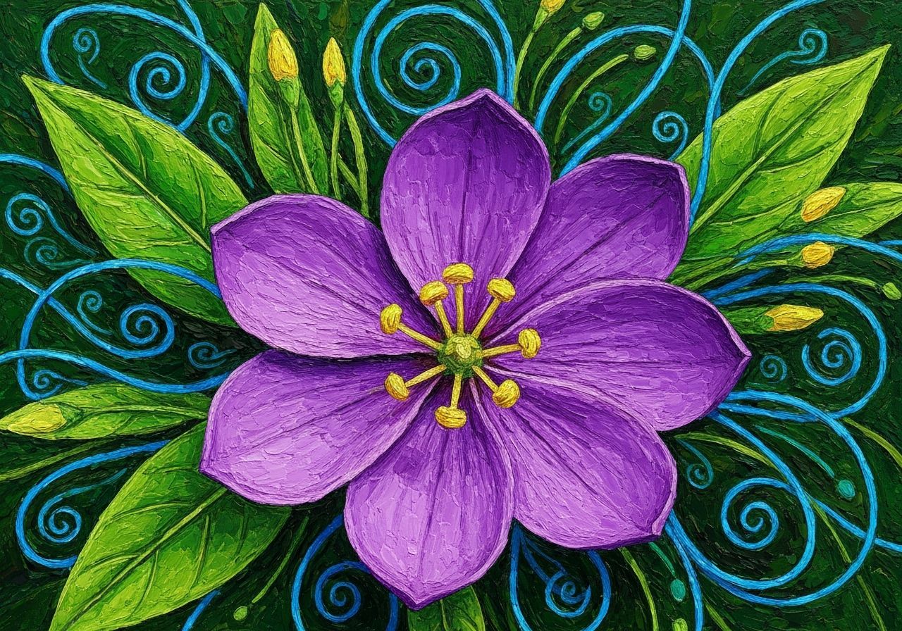 Vibrant Purple Flower with Yellow Stamens and Leaves