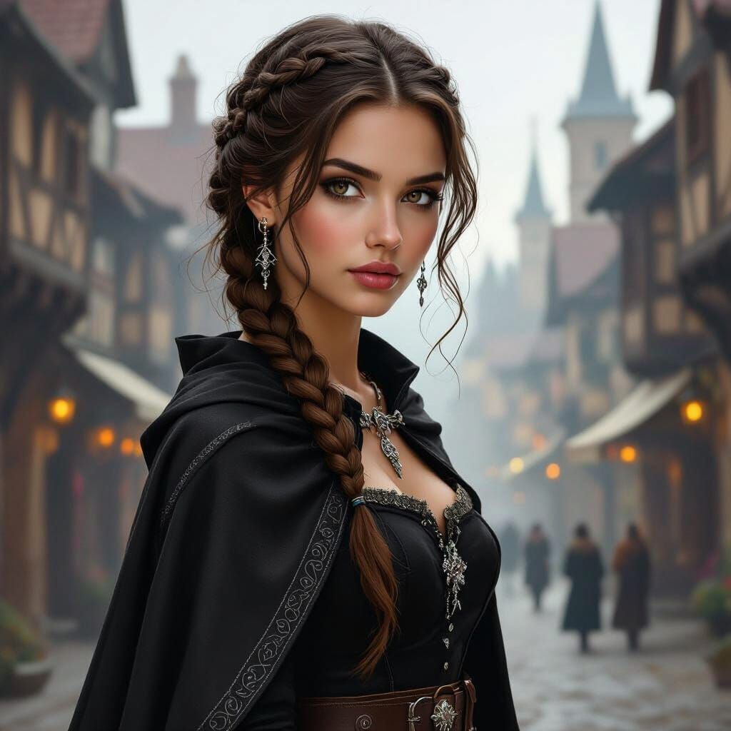 Dark Fantasy Medieval City Woman in Black Dress