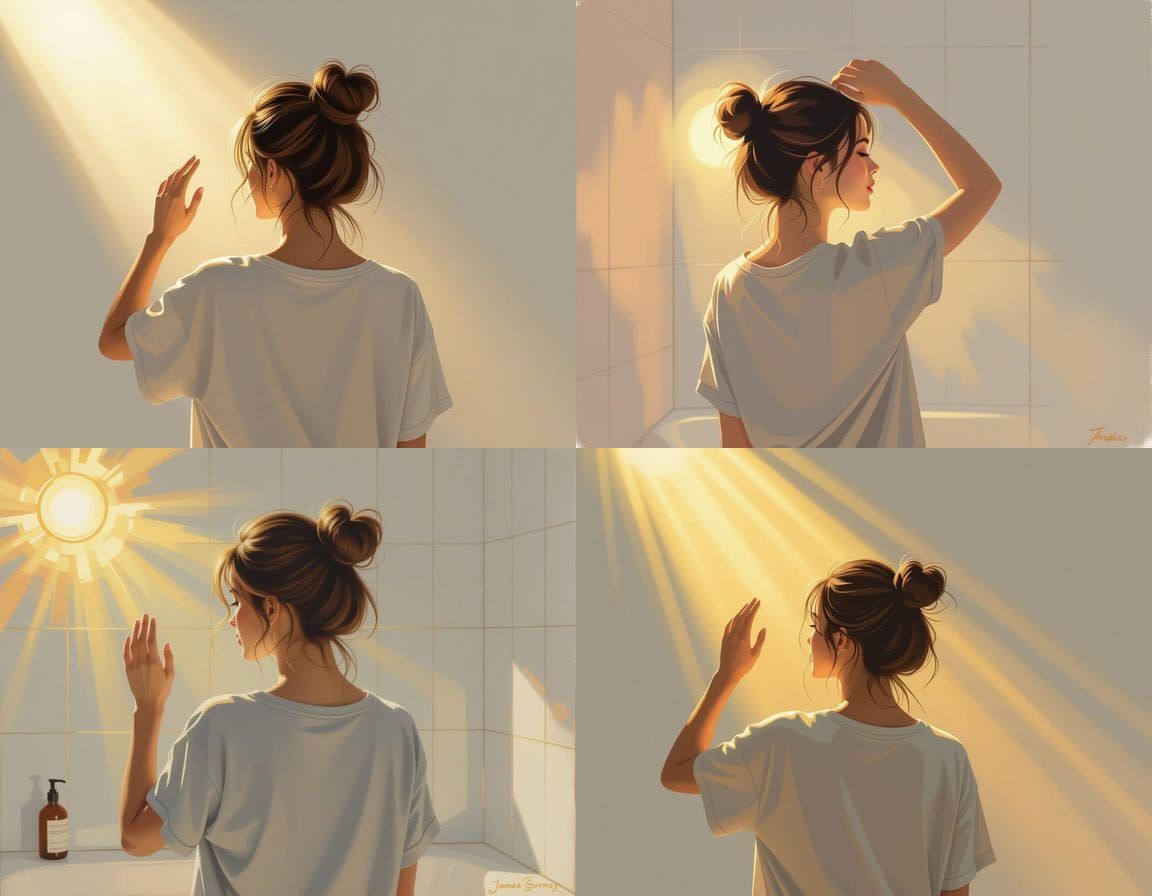 Woman Reaching for Sunbeam in Serene Bathroom Painting