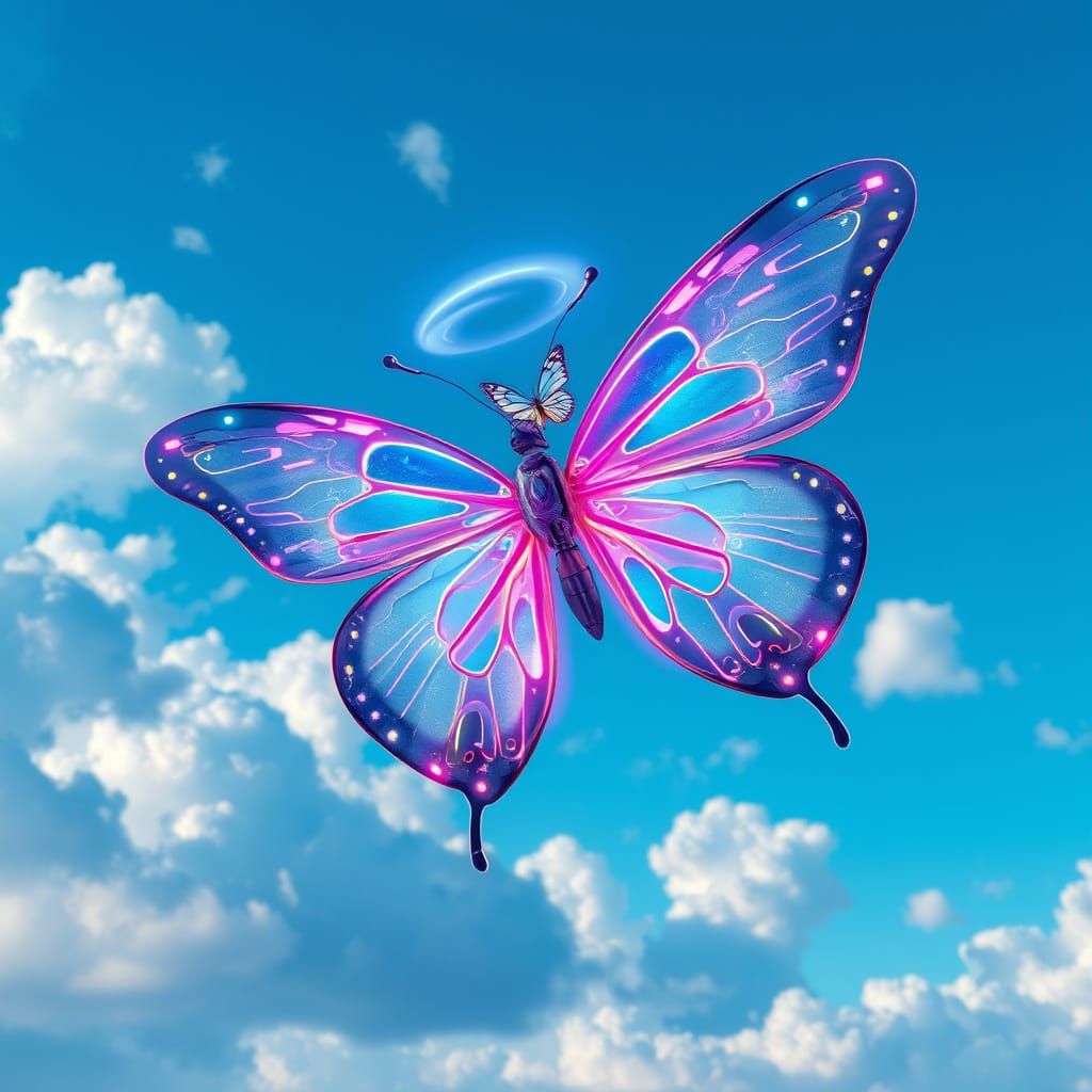 Cybernetic Butterfly Soars through Electric Blue Sky