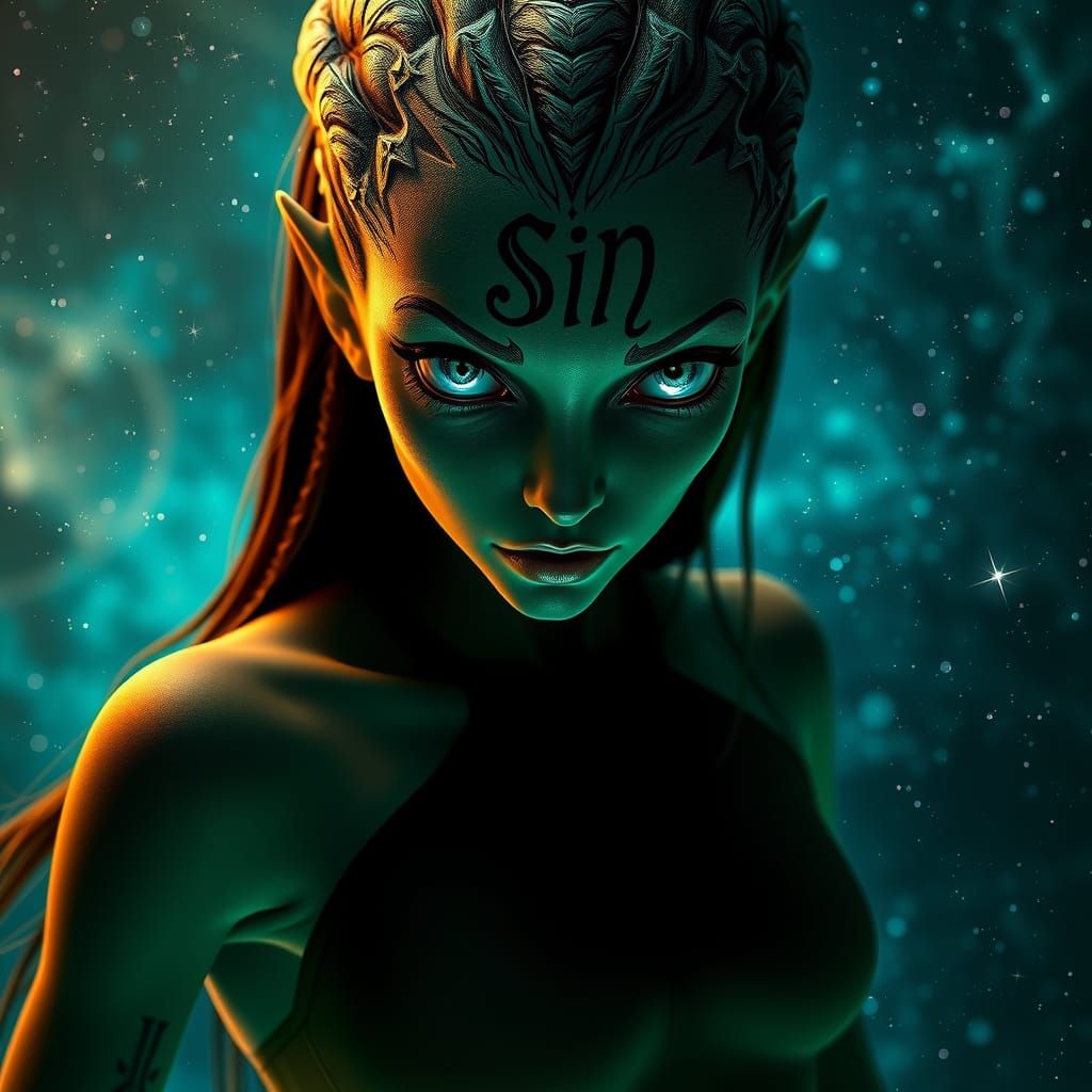 Emerald Alien Woman in Cosmic Sci-Fi Dreamscape
