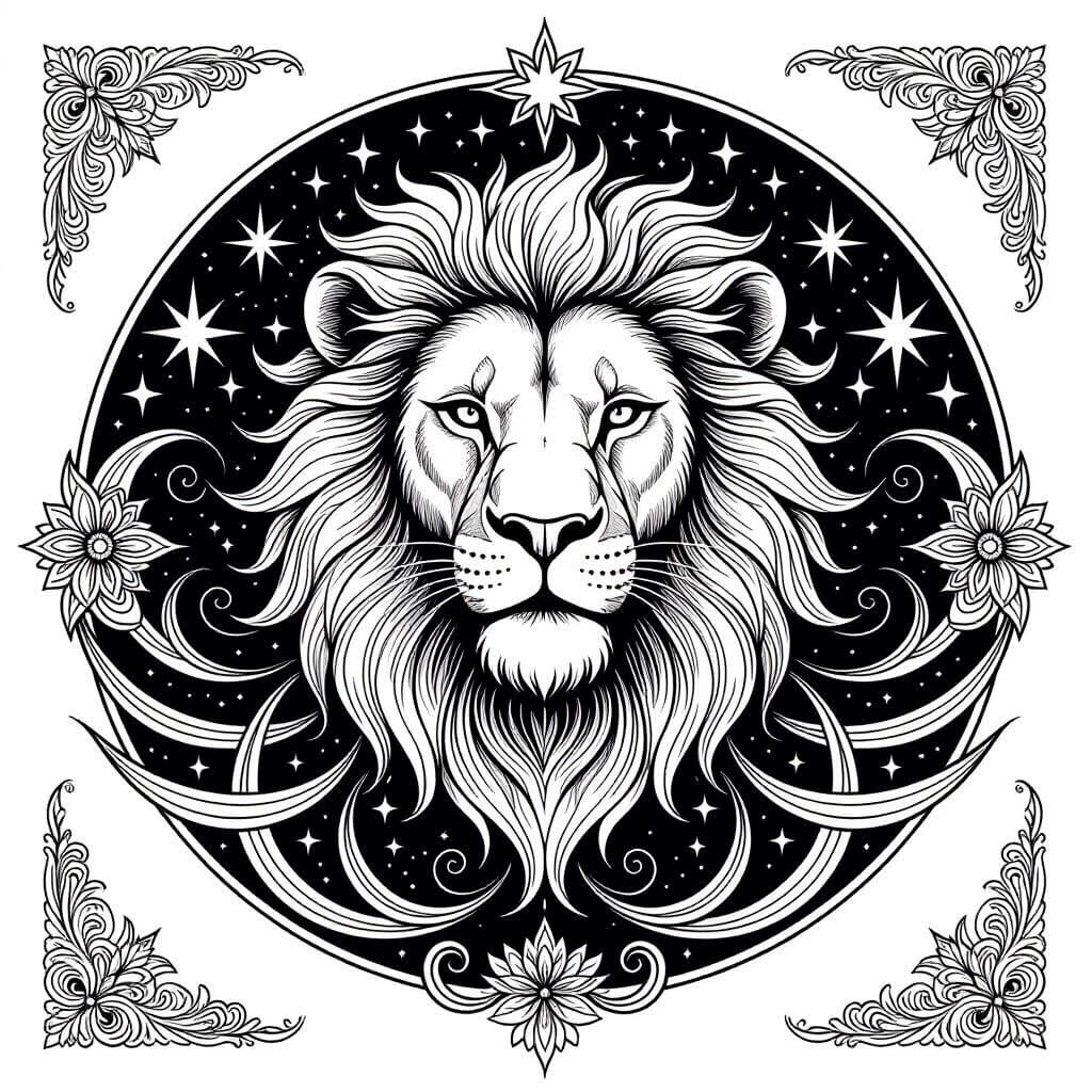 Majestic Lion Cosmic Mandala Line Art Drawing