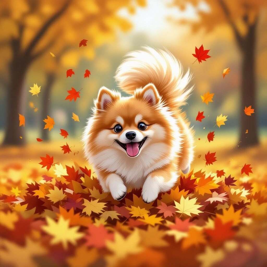Fluffy Pomeranian Dog Joyfully Diving into Autumn Leaves