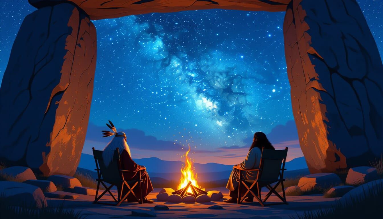 Shaman and Philosopher at Megalithic Dolmen Under Milky Way