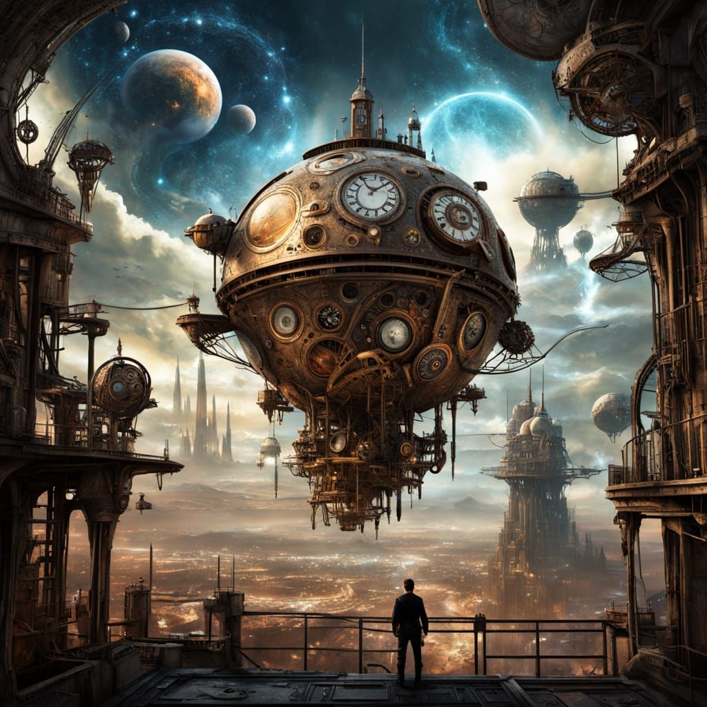 Clockwork Automaton Guards Forgotten City Under Cosmic Sky
