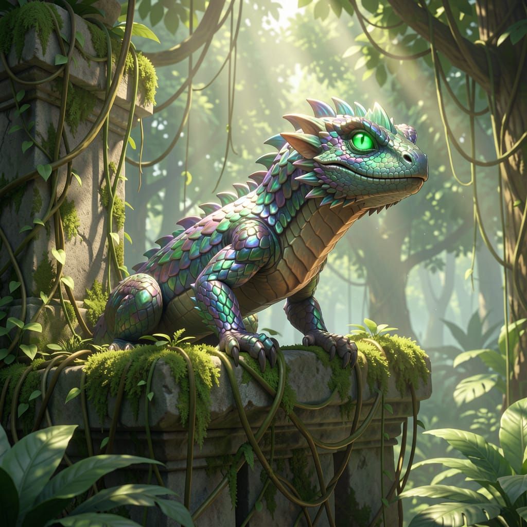 Dragon Lizard on Ancient Ruins in 3D Anime Style