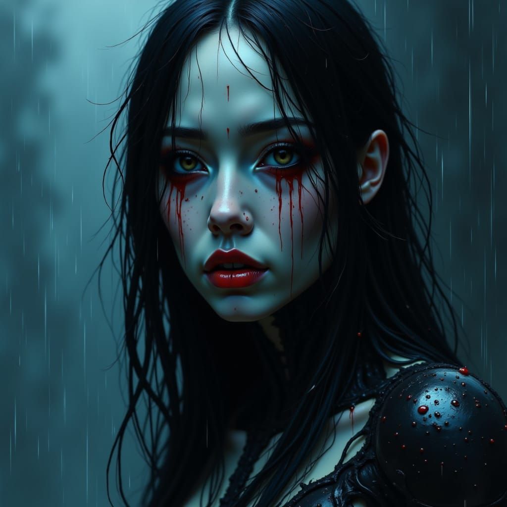 Cyborg Maiden Weeps Blood in Rainy Awakening