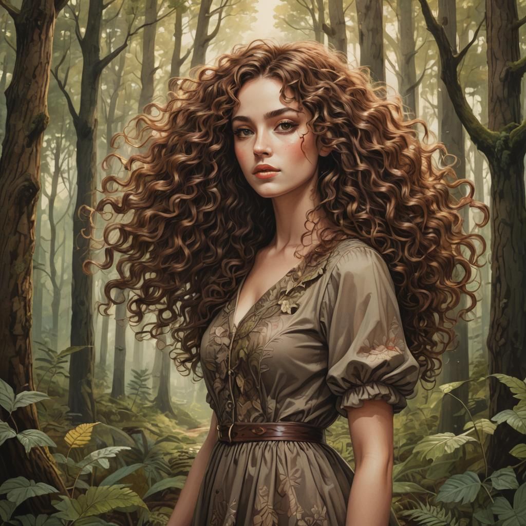 Imaginative Forest Scene with Curly Haired Woman