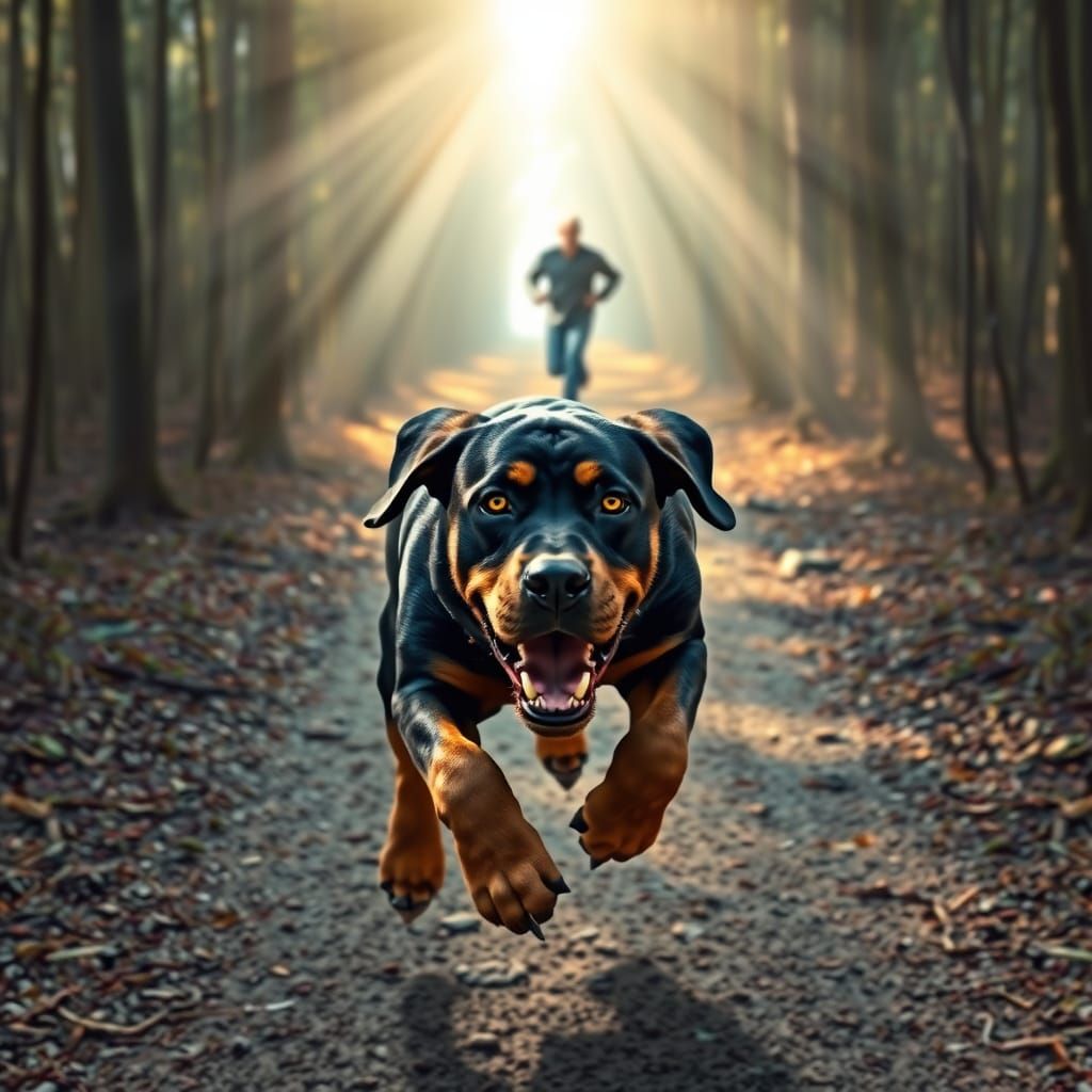 Rottweiler Chases Runner in Surreal Woodland Landscape