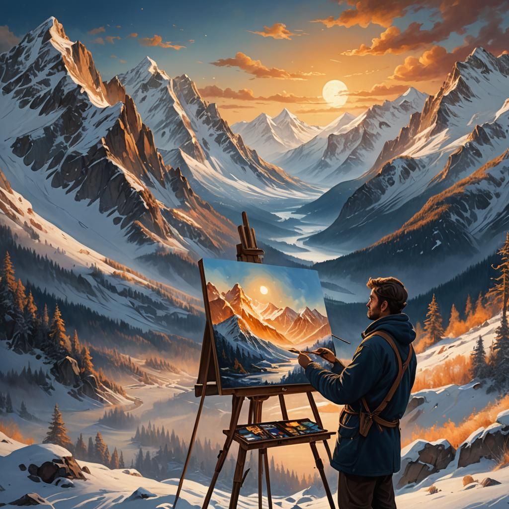 Painter Captures Snowy Mountains at Sunset