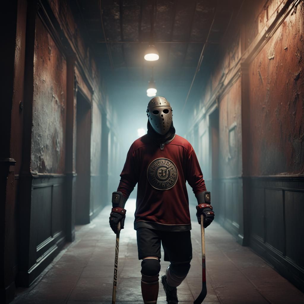 a man in a hockey mask in a dark hallway
