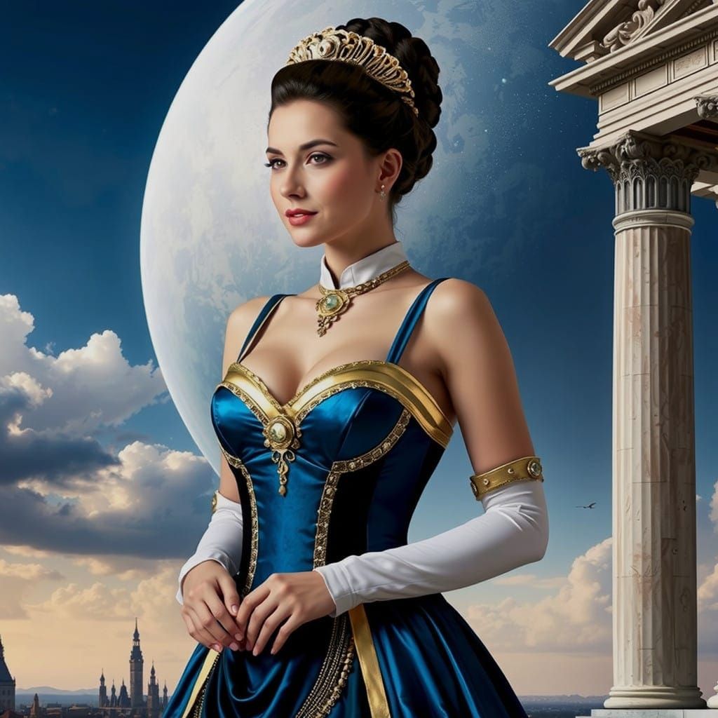 Regal Woman in Lavish Blue Gown Under Moonlit Ancient Column