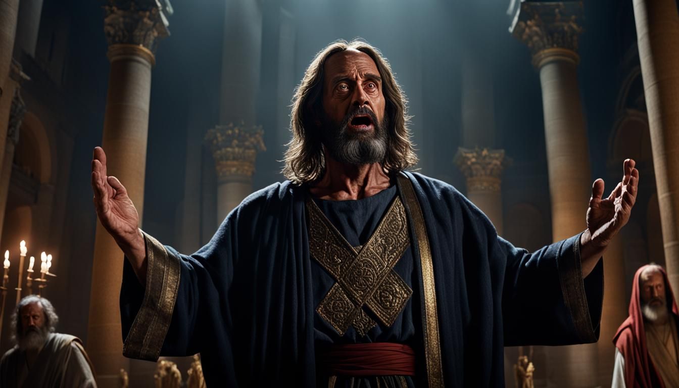 Judas Iscariot in Hyperrealistic Biblical Temple Scene