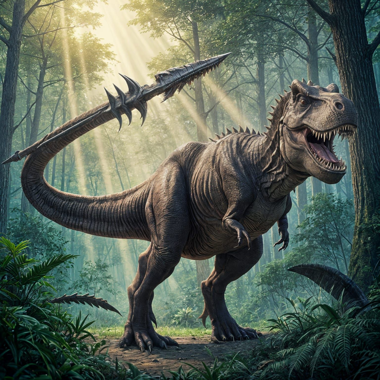 Ferocious T-Rex with Obsidian Spear Tail in Jungle