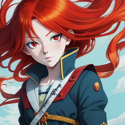 Cartoon Redhead with Wide Eyes in Anime Style