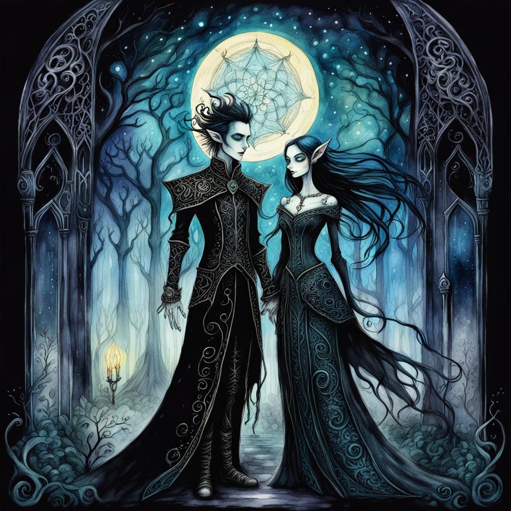 Gothic Elven Couple in Dark Fantasy Illustration