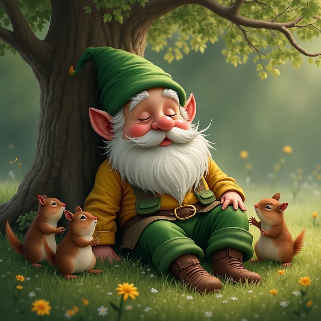 Hyper Realistic Gnome Sleeping in Meadow with Chipmunks