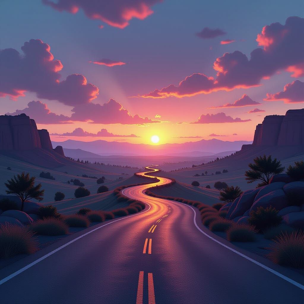 Ethereal Morning Road to Horizon in Matte Painting Style
