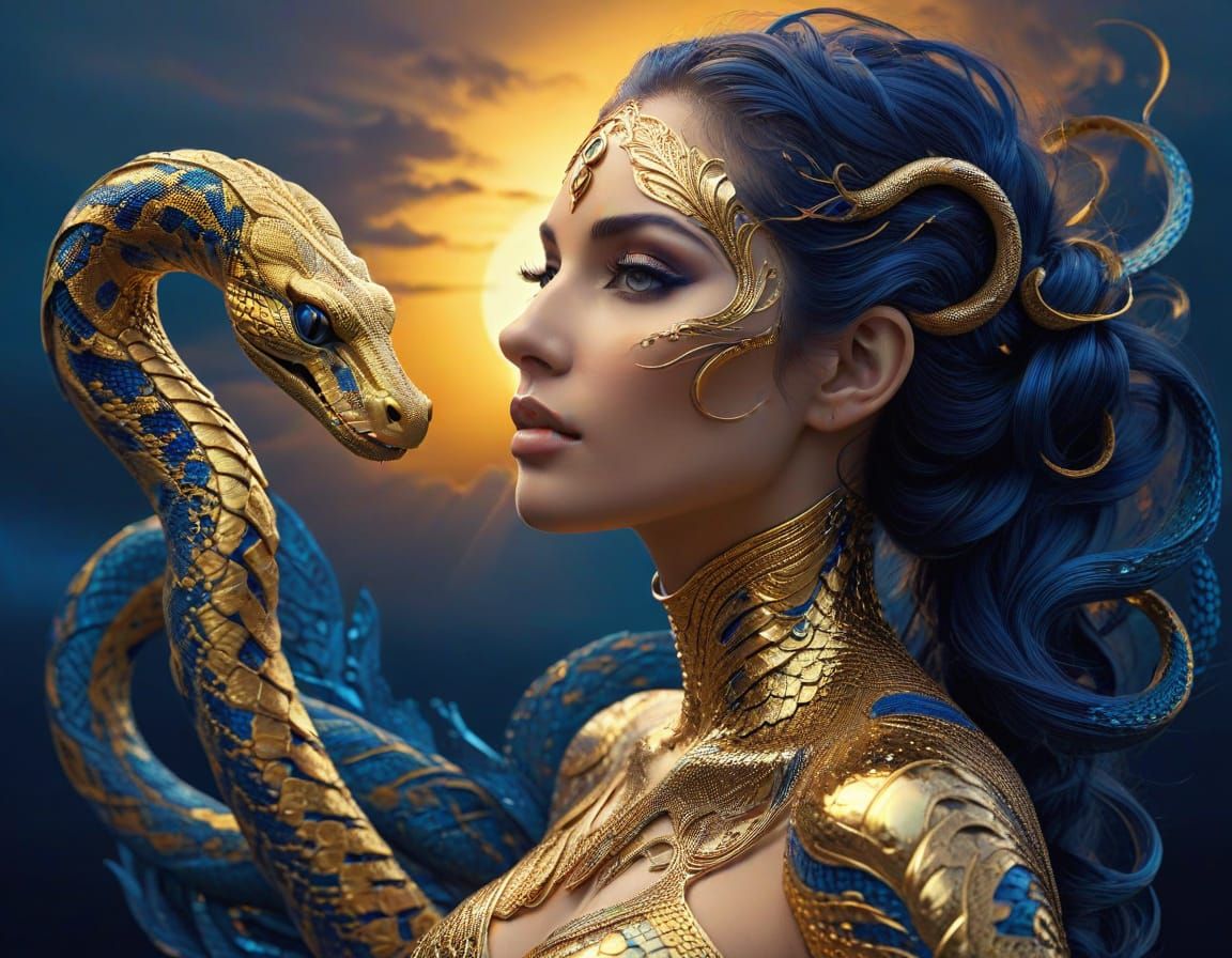 Surreal Goddess Meets Mythical Serpent in Metallic Gold and ...