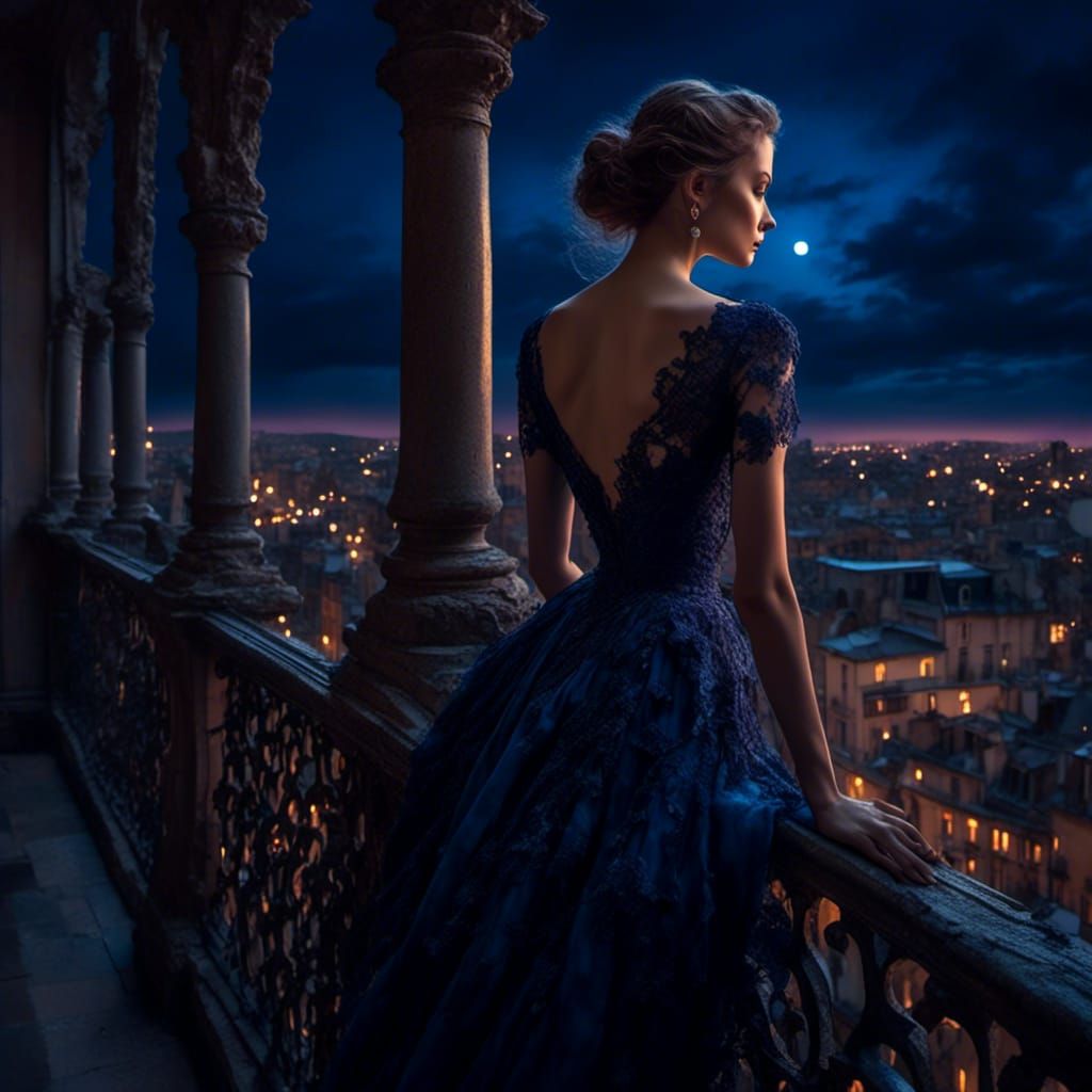 Woman Overlooking City at Night in Dark Academia Style