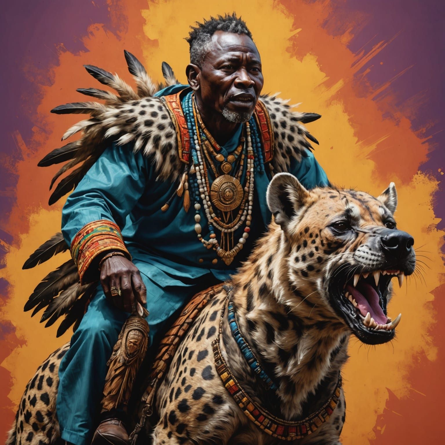 African Chief Rides Hyena in Hyperrealistic Splash Art
