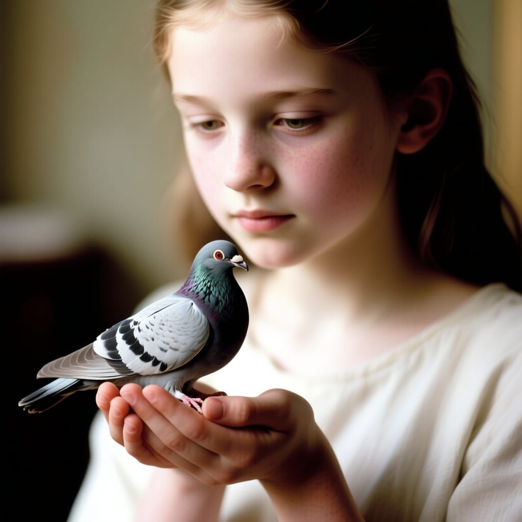 Hyperrealistic Portrait of Girl Holding Detailed Pigeon