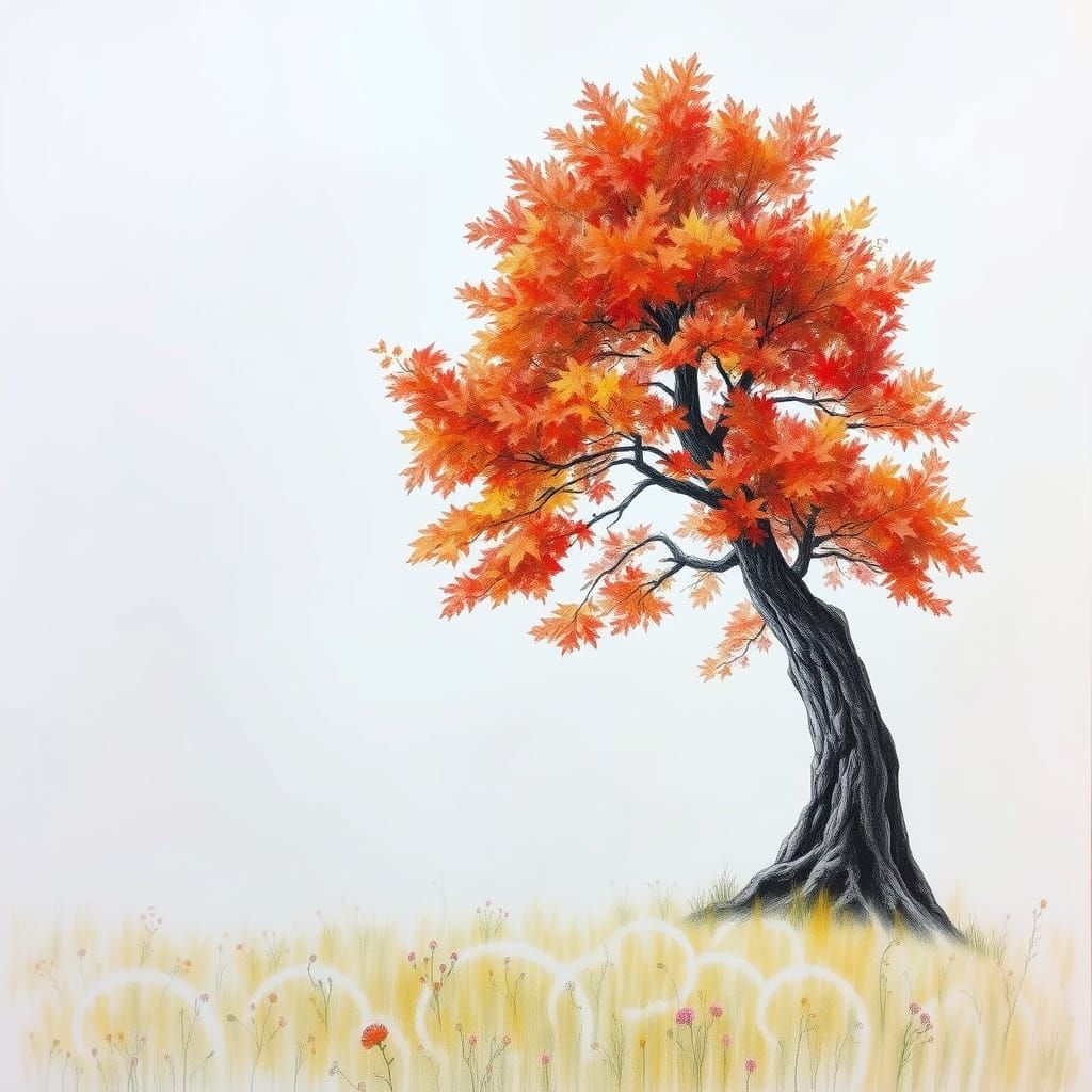 Pencil Sketch of Maple Tree in Misty Meadow
