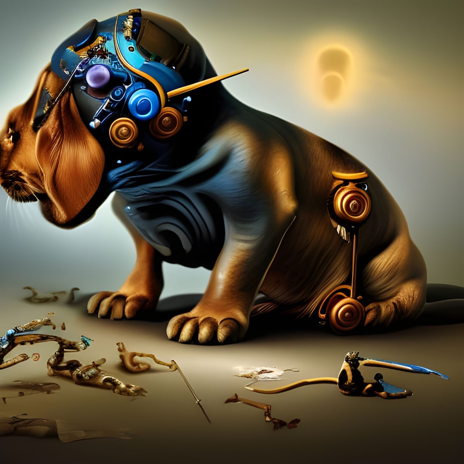 Puppy Dog and Cyborg Kitten in Surreal Style