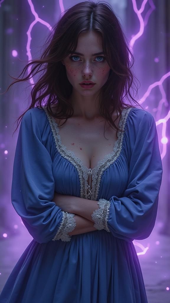 Terrified Freckled Woman Surrounded by Dark Energy