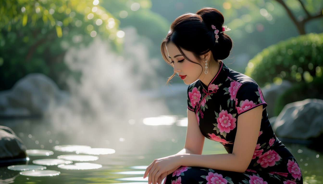 Woman in Cheongsam at Chinese Garden Pond