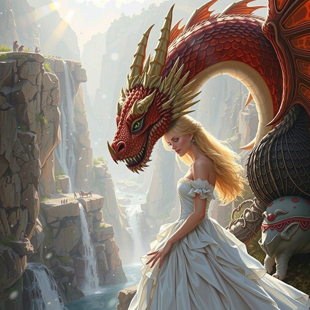 Red Dragon and Princess Against Sunlit Cliffside