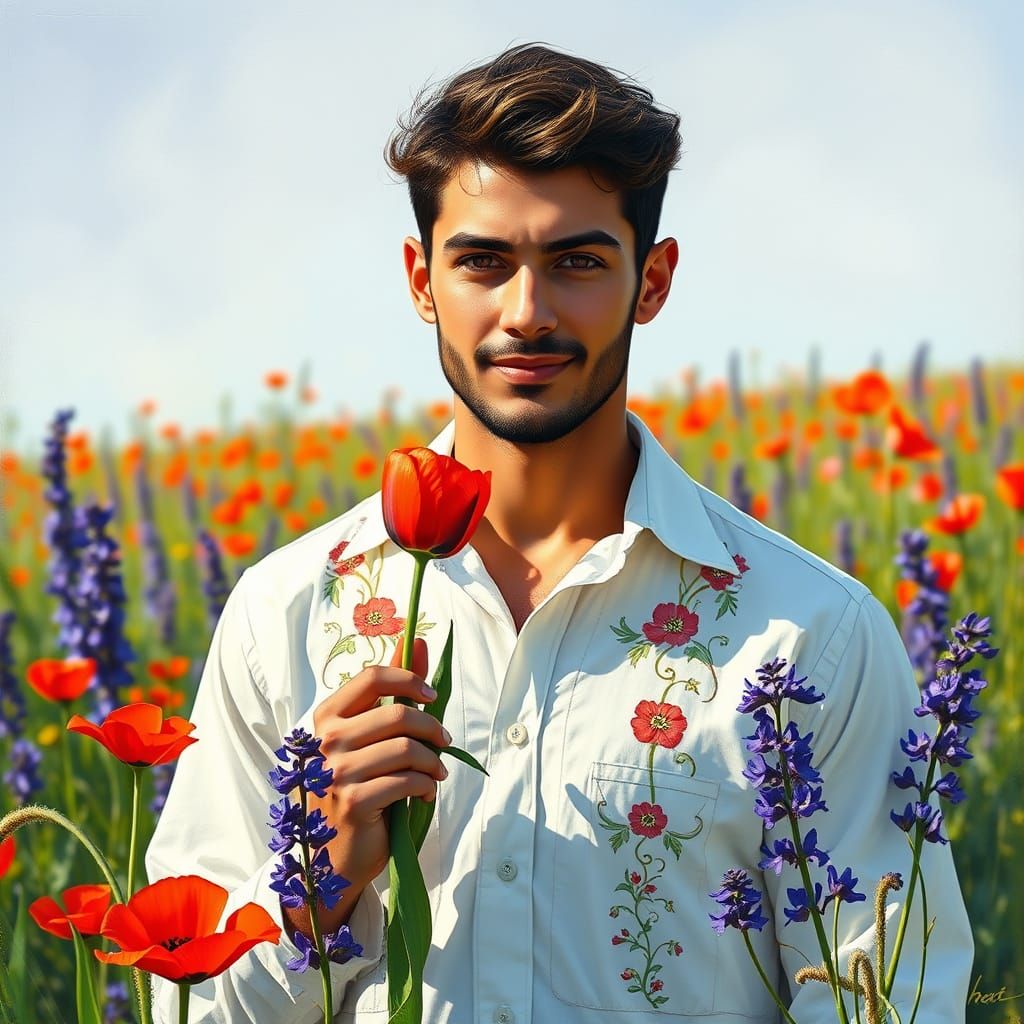 Turkish Man in Wildflower Field, Ali Banisadr Style
