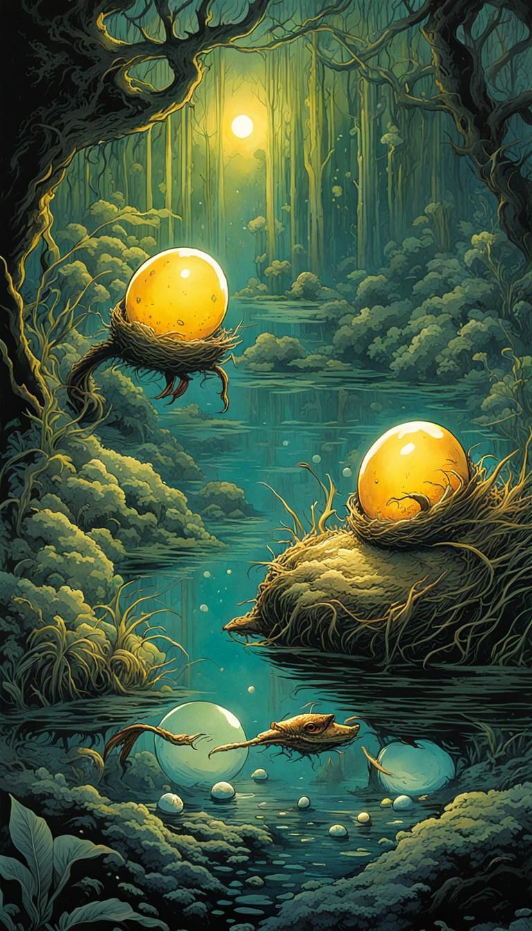 Salamander Nest with Glowing Eggs, Watercolor Comic Art
