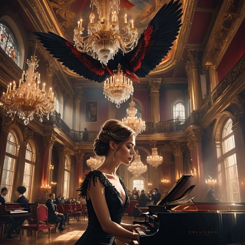 Woman in Red Stilettos Playing Grand Piano