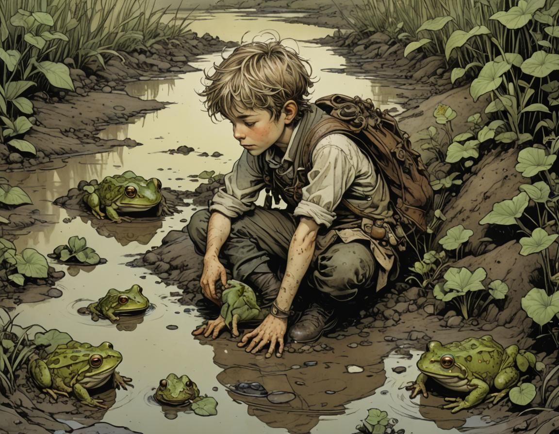 Boy in Mud Talking to Frog: Intricate Illustration