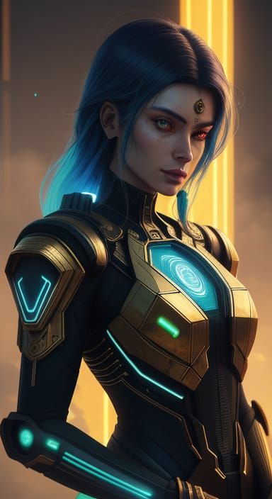 Vodyani in Cyberpunk Temple with Neon Accents