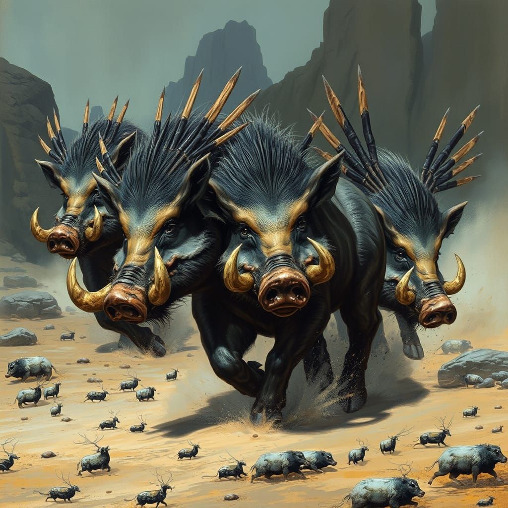 Iron Quill Razorback Boars in Dark Fantasy Landscape